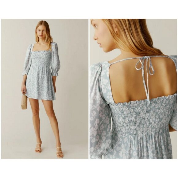 💕REFORMATION💕 Zaria Mini Dress ~ Sofie Light Blue Floral Print Medium M - Picture 2 of 16